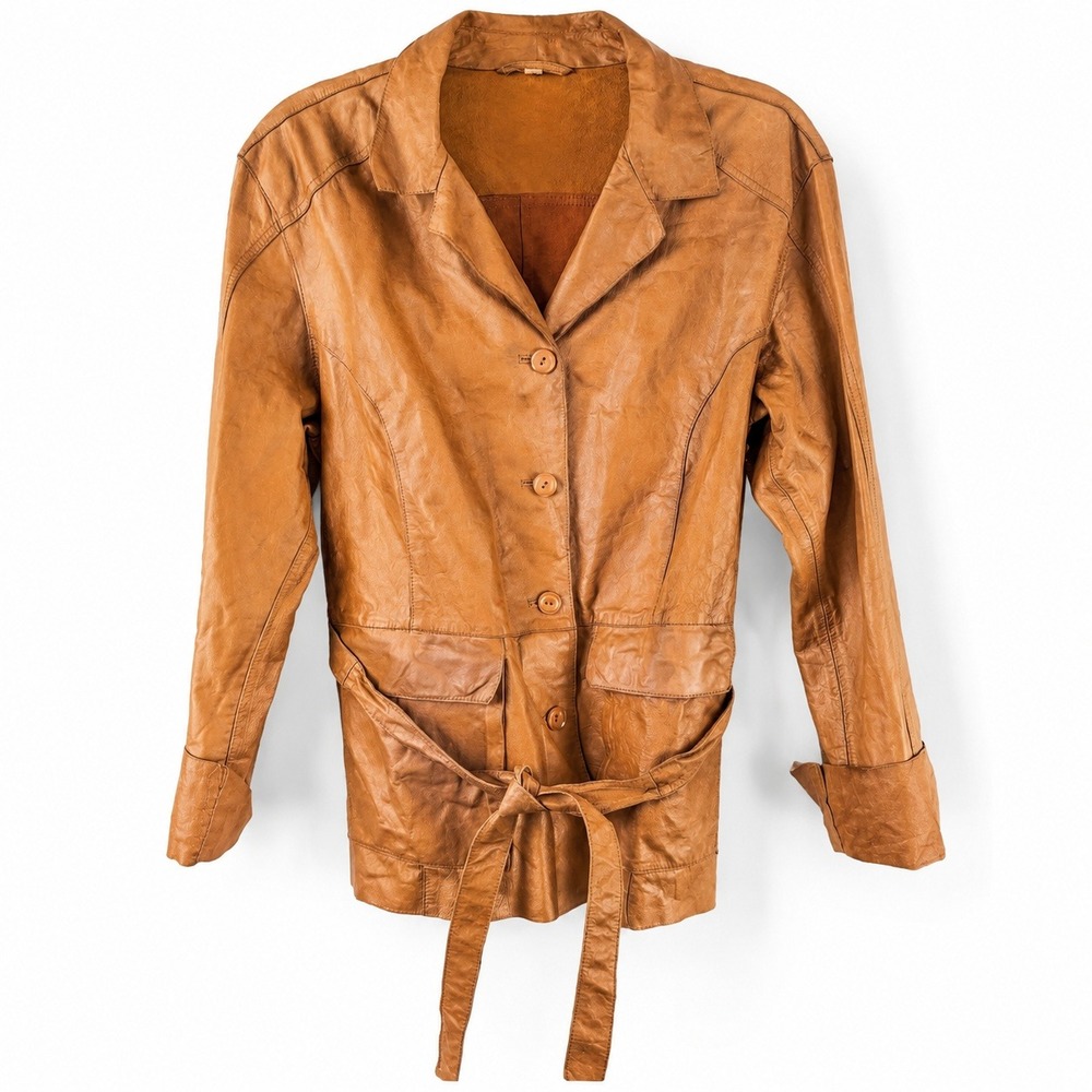 Tazzio Vintage Orange Leather Safari Jacket Belted Button Front Size 48